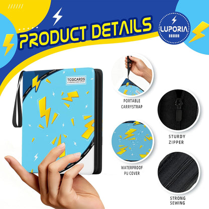Trading Card Binder 4 Pocket,400 Pocket Card Collection Binder with 50 Removable Sleeves,PU Waterproof Top Card Book,3-Ring Zipper Collectible Trading Card Album for MTG/TCG/Card Holder Gift(Blue)