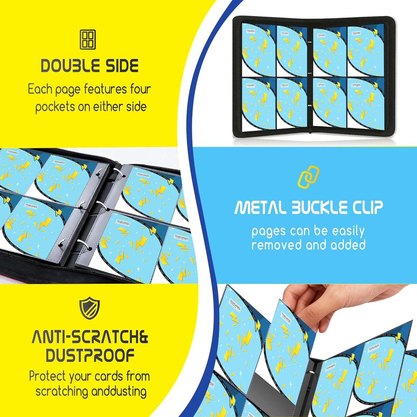 Trading Card Binder 4 Pocket,400 Pocket Card Collection Binder with 50 Removable Sleeves,PU Waterproof Top Card Book,3-Ring Zipper Collectible Trading Card Album for MTG/TCG/Card Holder Gift(Blue)