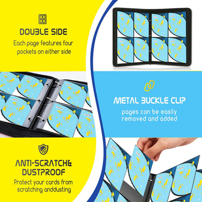 Trading Card Binder 4 Pocket,400 Pocket Card Collection Binder with 50 Removable Sleeves,PU Waterproof Top Card Book,3-Ring Zipper Collectible Trading Card Album for MTG/TCG/Card Holder Gift(Blue)