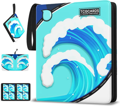 Trading Card Binder 4 Pocket,400 Pocket Card Collection Binder with 50 Removable Sleeves,PU Waterproof Top Card Book,3-Ring Zipper Collectible Trading Card Album for MTG/TCG/Card Holder Gift(Blue)