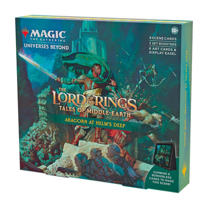 Magic: The Gathering The Lord of The Rings: Tales of Middle-Earth Scene Box - Aragorn at Helm’s Deep (6 Scene Cards, 6 Art Cards, 3 Set Boosters + Display Easel)