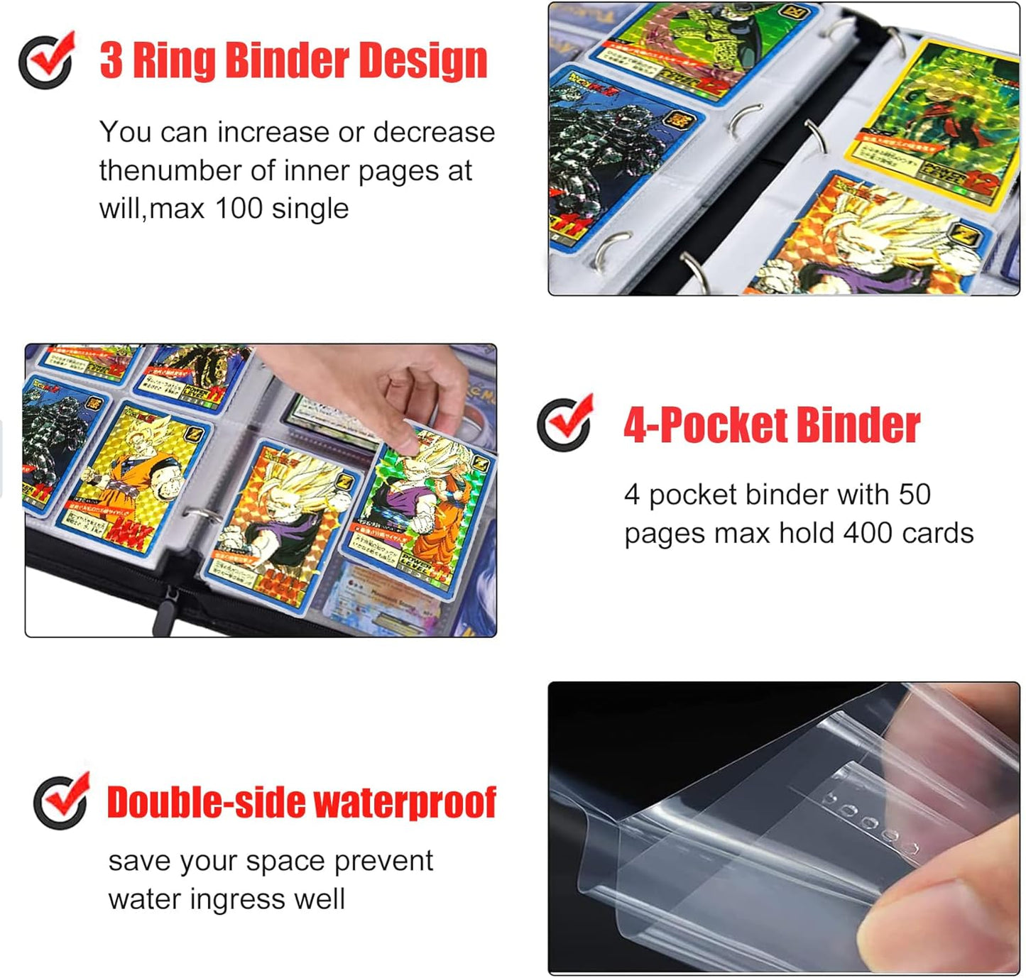 Anime Trading Card Binder for Dragon Cards, 4 Pocket with 50 Sleeves up to 400 Cards TCG Card Binder, Waterproof Card Storage Book, Cards Display Case