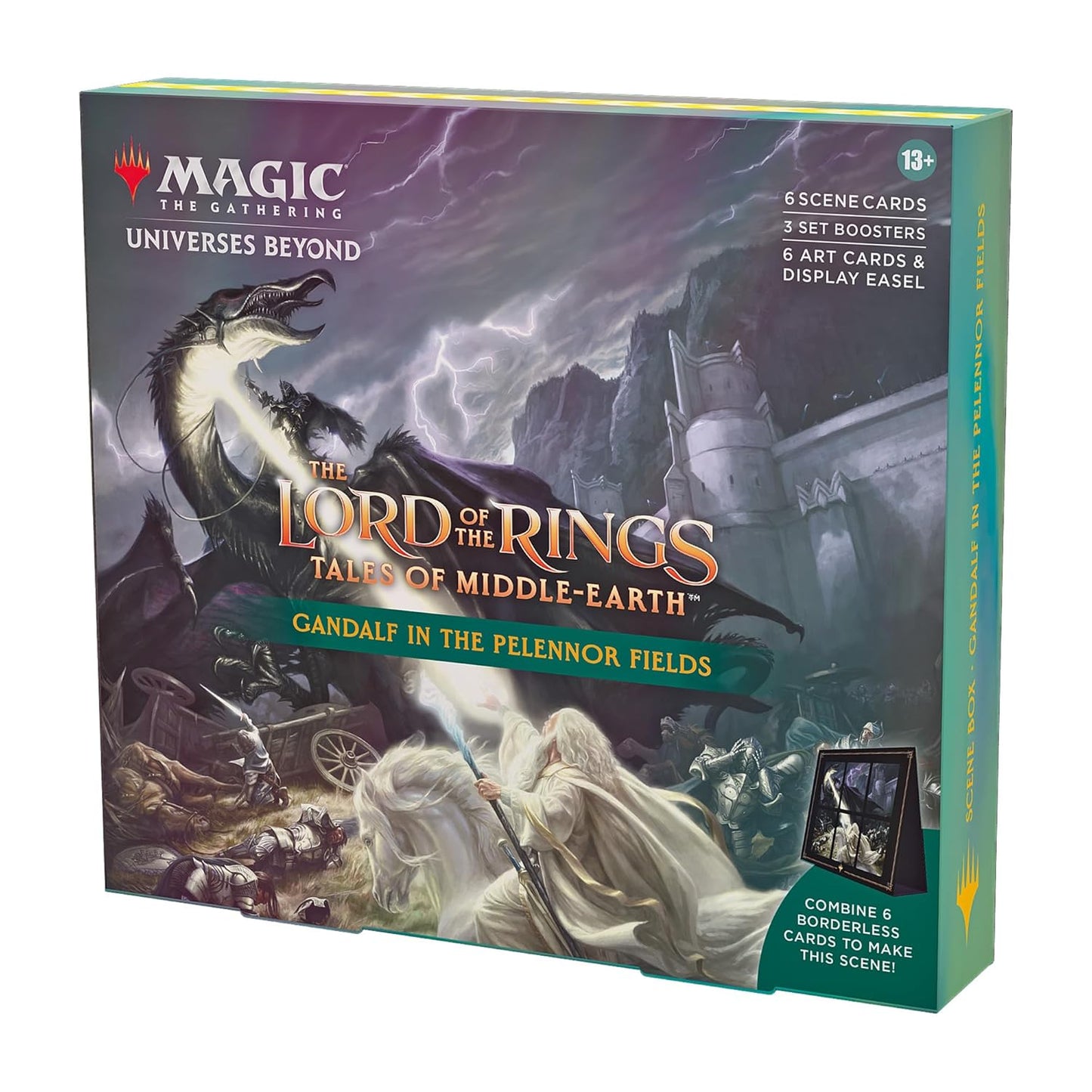 Magic: The Gathering The Lord of The Rings: Tales of Middle-Earth Scene Box - Gandalf in Pelennor Fields (6 Scene Cards, 6 Art Cards, 3 Set Boosters + Display Easel)