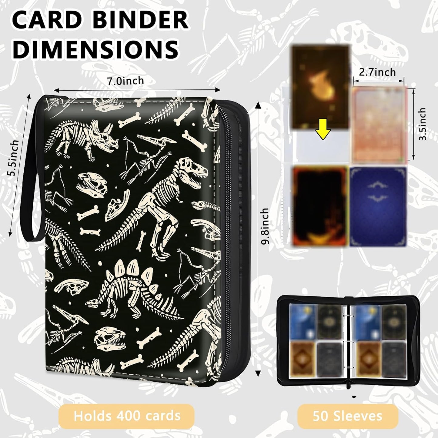 Collectible Trading Card Binder, 400 Card Holders with 50 Removable Sleeves, Portable 4 Pocket Trading Card Collection Albums for Photocard kpop MTG/TCG Game Sports Cards，Funny Dinosaur Bones