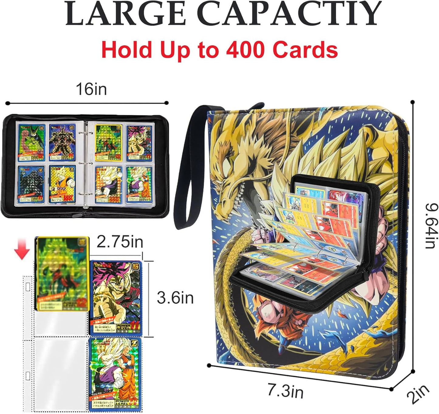 Anime Trading Card Binder for Dragon Cards, 4 Pocket with 50 Sleeves up to 400 Cards TCG Card Binder, Waterproof Card Storage Book, Cards Display Case