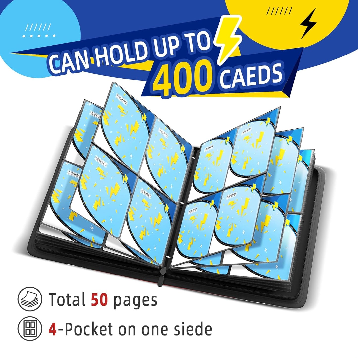 Trading Card Binder 4 Pocket,400 Pocket Card Collection Binder with 50 Removable Sleeves,PU Waterproof Top Card Book,3-Ring Zipper Collectible Trading Card Album for MTG/TCG/Card Holder Gift(Blue)