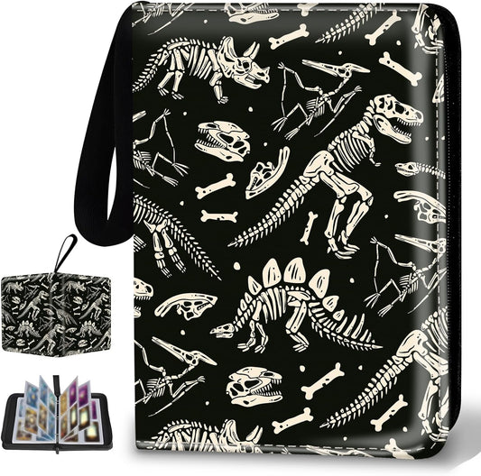 Collectible Trading Card Binder, 400 Card Holders with 50 Removable Sleeves, Portable 4 Pocket Trading Card Collection Albums for Photocard kpop MTG/TCG Game Sports Cards，Funny Dinosaur Bones