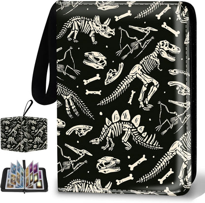 Collectible Trading Card Binder, 400 Card Holders with 50 Removable Sleeves, Portable 4 Pocket Trading Card Collection Albums for Photocard kpop MTG/TCG Game Sports Cards，Funny Dinosaur Bones