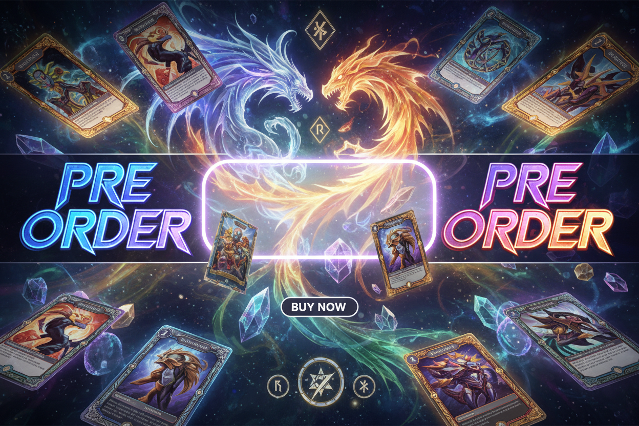 PRE ORDER banner but not written in cter because in center their is buy now button ref tcg trading card game 